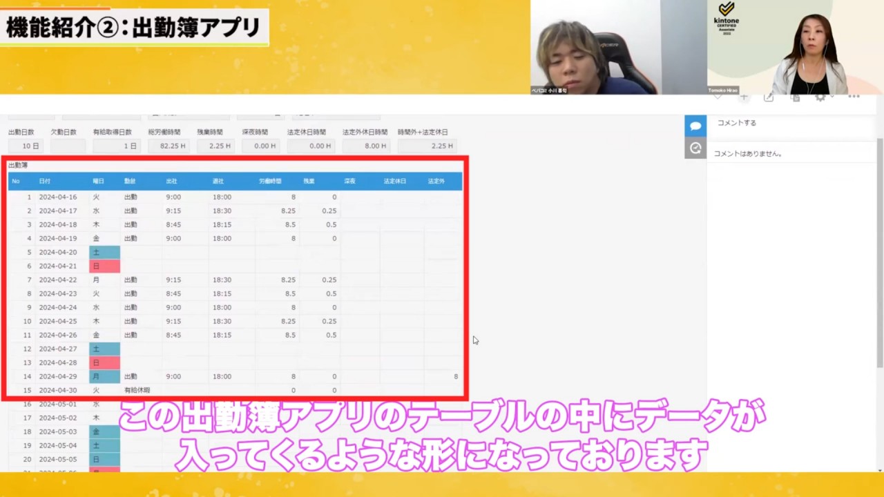 「あれ、入力忘れてるよ」を減らせる「出勤簿アプリ」
この出勤簿アプリのテーブルのなかに自動で反映されます