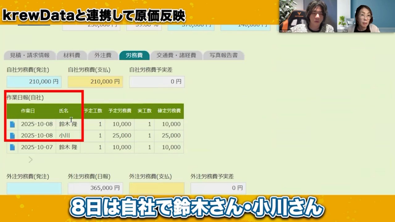 面倒な原価計算はもう不要！kintoneが労務費を自動で集計
10月8日分の作業実績が、自社と外注（他社）に分かれてそれぞれ正しく追加
