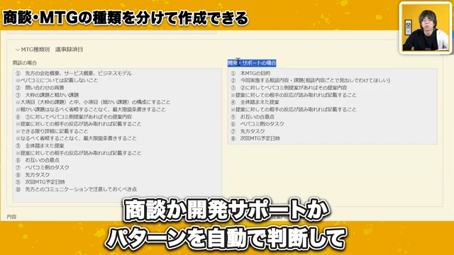 ミーティング種類別で自動調整される議事録項目