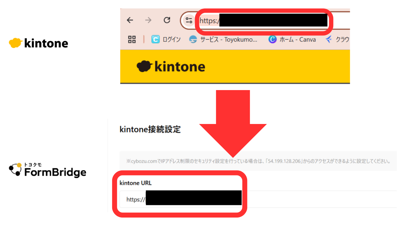 ⑤アプリの「URL」には、kintoneアプリのURLをコピーし貼り付けます。