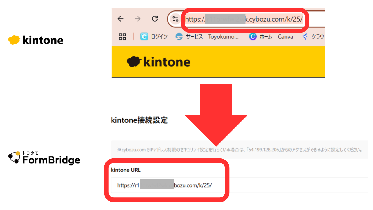 ⑤アプリの「URL」には、kintoneアプリのURLをコピーし貼り付けます。