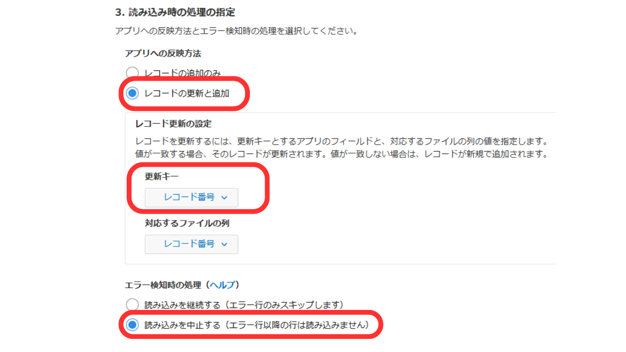 引き続き「3. 読み込み時の処理の指定」では、「レコードの更新と追加」を選択します。更新キーは「レコード番号」にしておきます。また、エラー検知時の処理では、「読み込みを中止する」を選択しました。