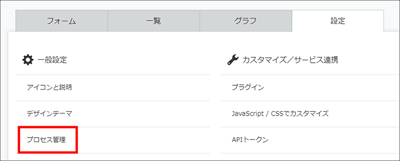 「設定」タブにある「一般設定」の「プロセス管理」をクリック