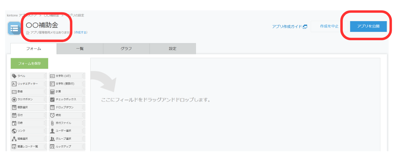 ③ アプリの名称を入力し、公開を押します。いったん、空のアプリを生成したことになります。